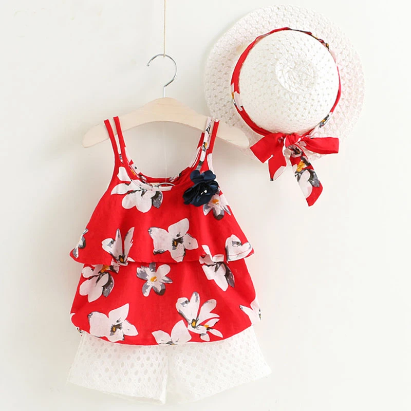 

Girls Clothes Summer Kid Clothes Cool Flower Three Sets Baby Girl Clothes T-shirt+Shorts+Hat 3Pcs Kids Clothes Shorts