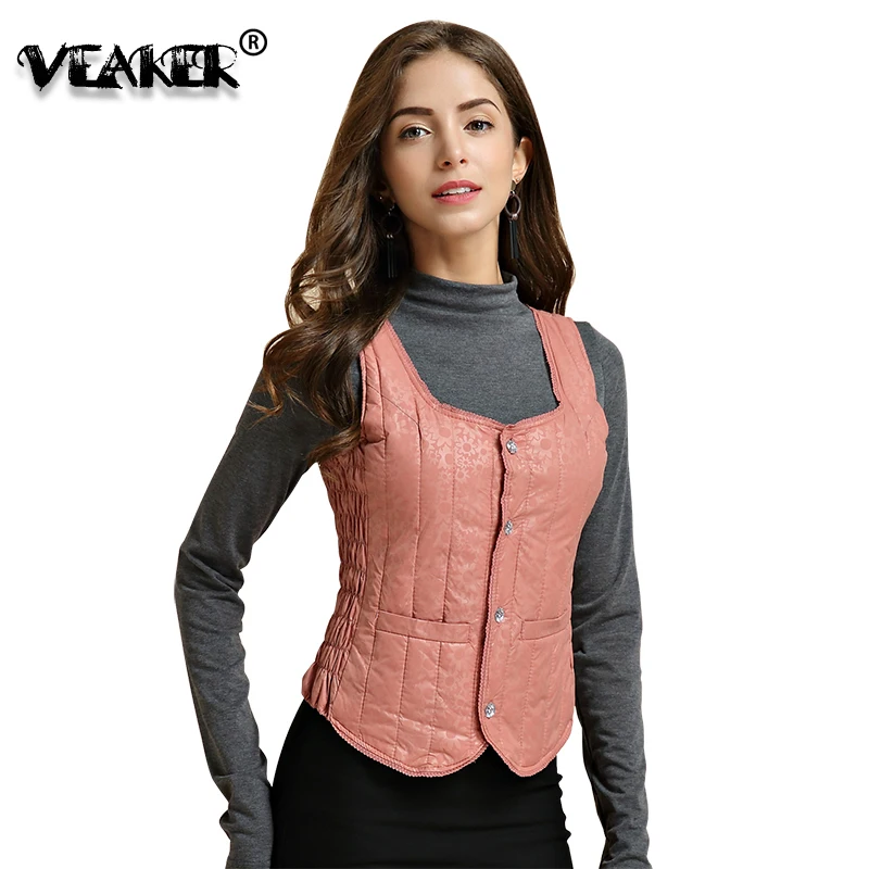 

2018 Women Duck Down Vest Winter Warm Vests crystal button Ultra Light Slim Vest Jacket Coat Lace Collar Flower Printed 2XL
