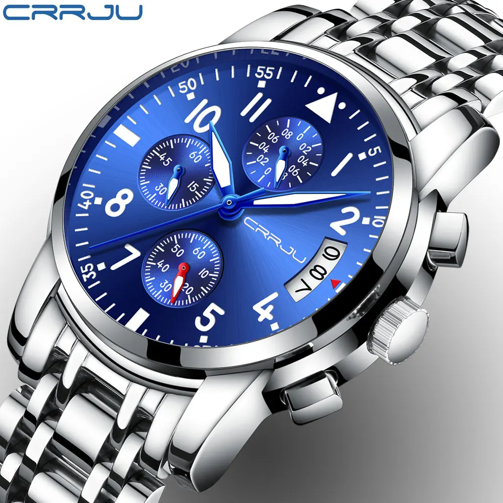 Prix CRRJU Chronographe Marque De Mode Hommes de Bleu Multifonction Cadran Montres pour Hommes De Luxe Argent Bracelet En Acier Inoxydable Montres