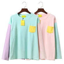 2017 New Spring Cute Women T-shirt Korea Institute Wind Soft Sister Hit Color Patchwork Pocket Loose Long Sleeve T Shirt Female