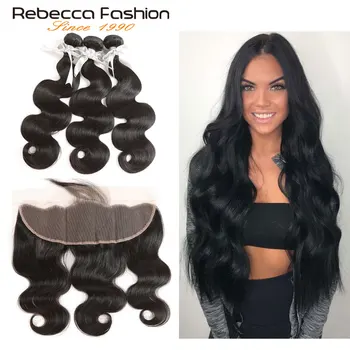 

Rebecca Fashion Non Remy 13x4 Lace Frontal Closure With Bundles Peruvian Body Wave Human Hair 3/4 Bundles With Frontal