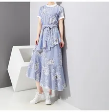 2019 New Women Blue Striped Floral Print Dress Short Sleeve With Belt Casual Dress Asymmetrical Girls Cute Ruffles Summer Dress flamingo print striped box pleated dress with belt