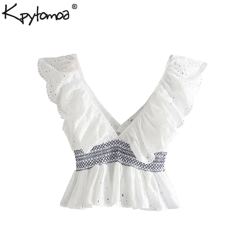 

Vintage Stylish Embroidery Hollow Out Ruffles Tops Women Blouses 2019 Fashion Deep V Neck Sleeveless Shirts Casual Blusas Mujer