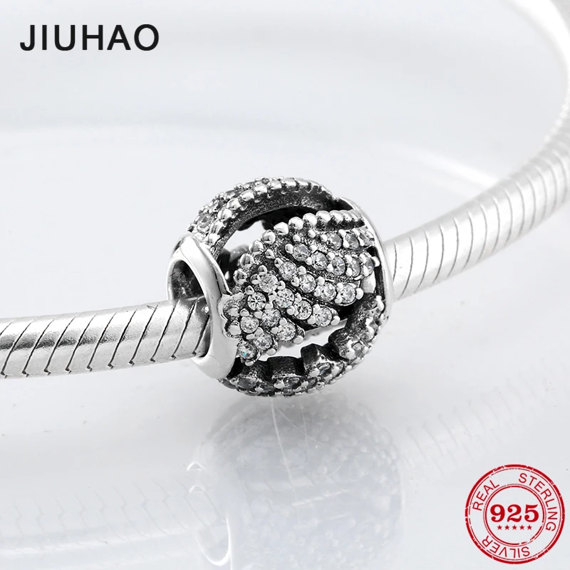 

Round crystal Zirconia beads Feather hollow charms 925 Sterling Silver Fit Original Pandora Bracelet for women jewelry making