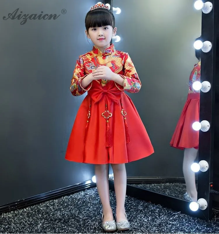 Детское платье принцессы Cheongsam для девочек, традиционный китайский новогодний костюм, атласное платье Ципао с длинными рукавами и бантом