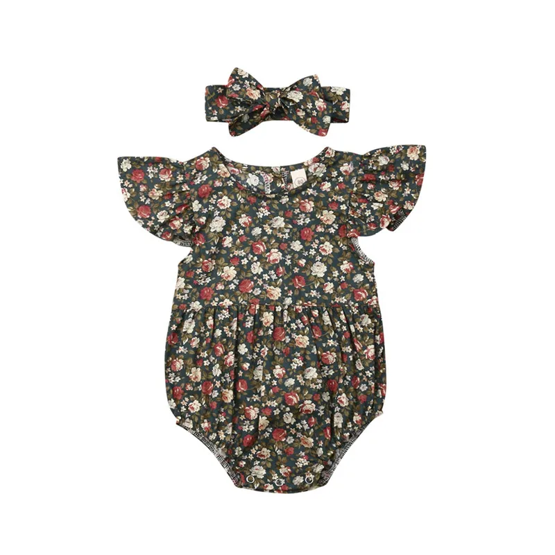 

Baby Girl Floral Ruffle Sleeve Floral Romper Jumpsuit shorts playsuit+Headband 2 pcs Outfits 0-3T Sunsuit