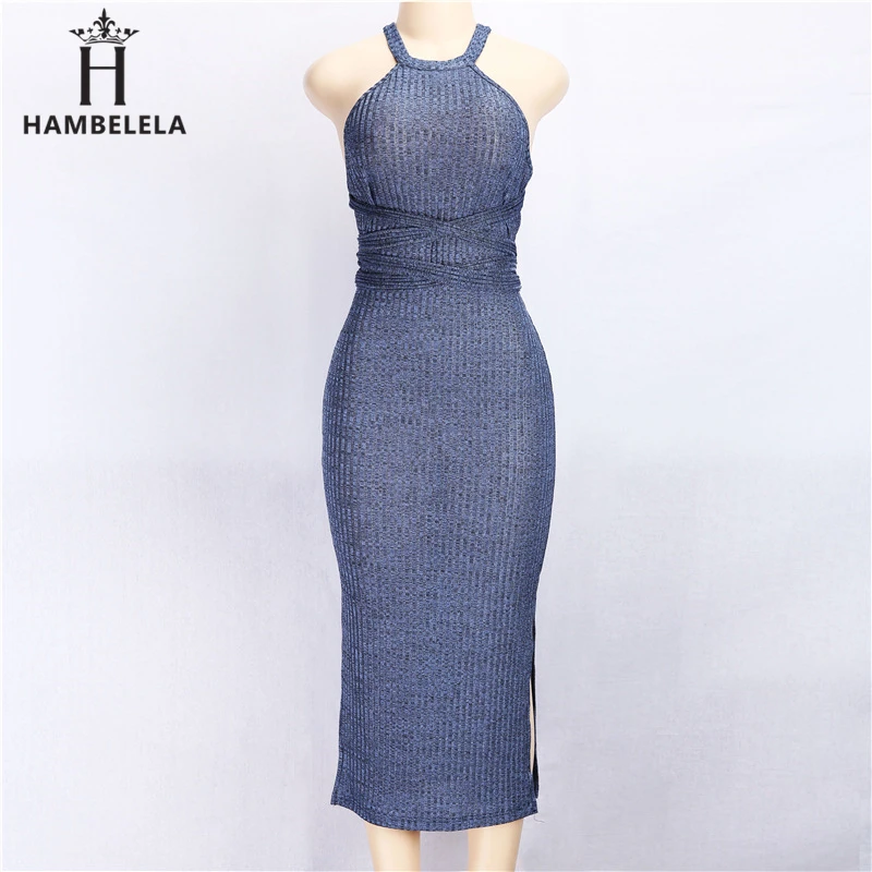 HAMBELELA Halter Backless Cross Bandage Dress Sexy Off Shoulder Split Bodycon Knitted Dress Autumn Sleeveless Slim Women Dresses (2)