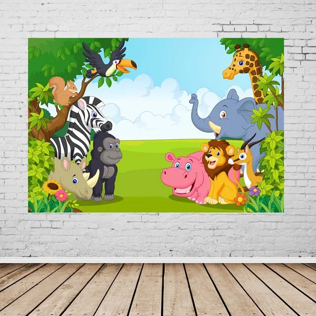 Vinyl Fotografi Latar Belakang Kartun Hewan Jerapah Zebra Anak anak