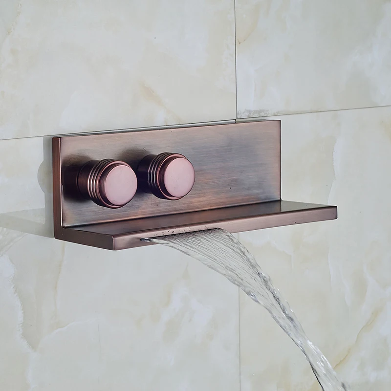 Ulgksd стиль черный латунный кран для ванной комнаты Водопад кран для ванной двойной ручкой двойной контроль настенный смеситель