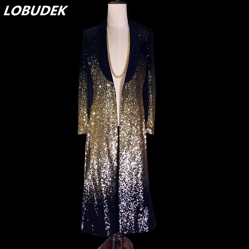 

2 Style Gold Sequins Long Coat Fashion Slim Trench Coats Nightclub Bar Male Singer Host Stage Wear Outerwear Concert Costumes