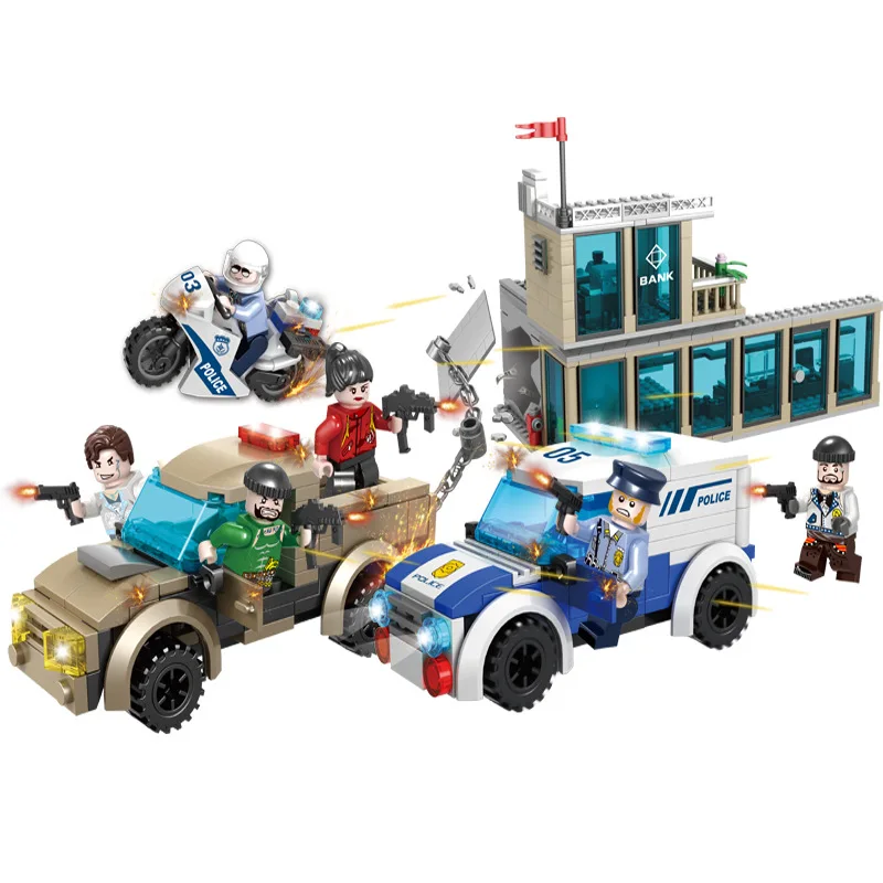 

627Pcs City Police Series Hunt Bank Robbers Building Blocks Set Compatible Legoings City Motorbike Model Enlighten Bricks Kits