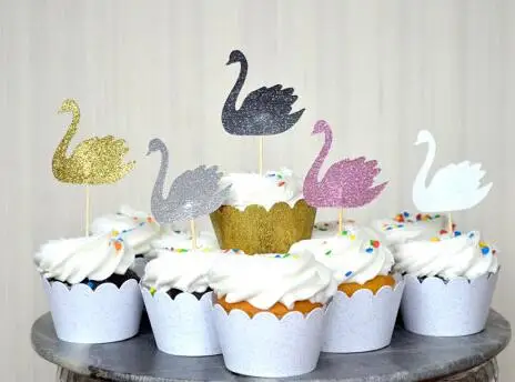 

Glitter Swan cupcake toppers rustic wedding bridal shower birthday party decoration doughnut picks