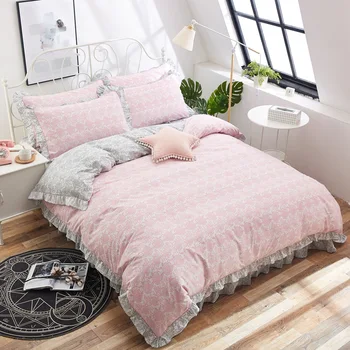 

13372 Princess Style 4 pcs Pure Cotton Bed Sets Duvet Cover Bed Sheet Pillowcase Ruffles Light Pink With Grey Edge Blue
