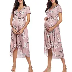Женские платья для беременных, женская одежда с коротким рукавом, v-образным вырезом, с цветочным принтом, на лямках, Бандажное платье