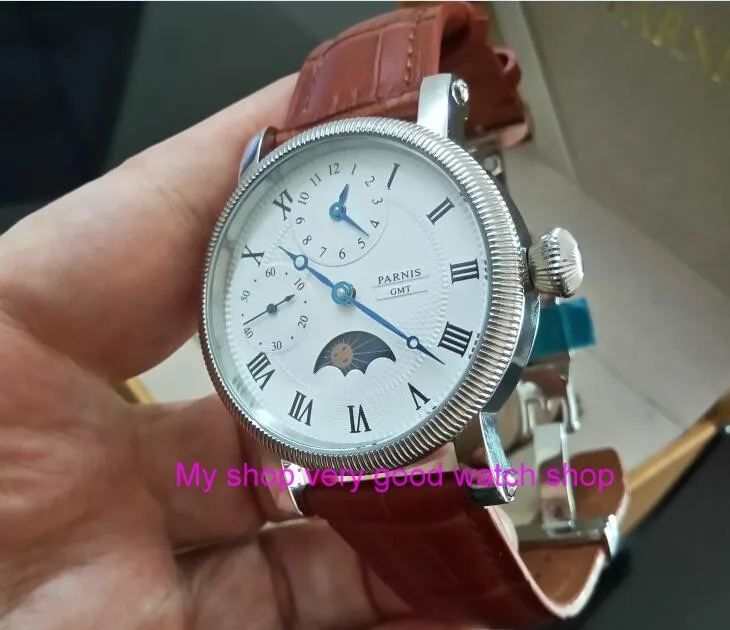 

butterfly buckle 44mm PARNIS Moon Phase Mechanical Hand Wind movement men's watch Multi-function Mechanical watches gd246A