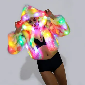 

2019 New Gradual Color Hooded Women's Cosplay Anime Costume Colorful LED Light Winter Warm Faux Fur Coat Fluffy Fur Jacket