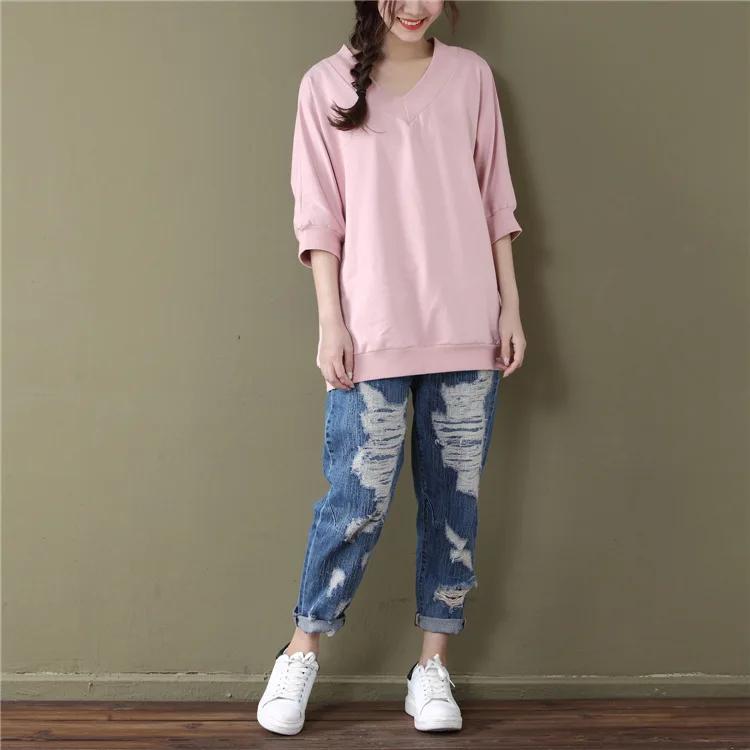 Летняя Свободная Женская футболка размера плюс с коротким рукавом, Корейская версия, с буквенным принтом, v-образный вырез, рукав летучая мышь, топы - Цвет: Pink
