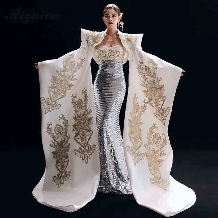 Модные Белые вышивка Cheongsam современном этапе Show Длинные платья Qi Pao Для женщин Китайский элегантное вечернее платье русалки Qipao