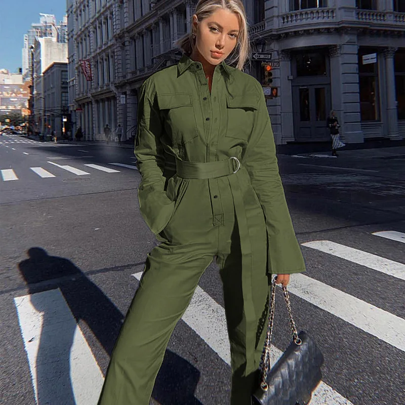 Green Pocket Long Rompers Womens Jumpsuit Straight Pants Cargo Overalls