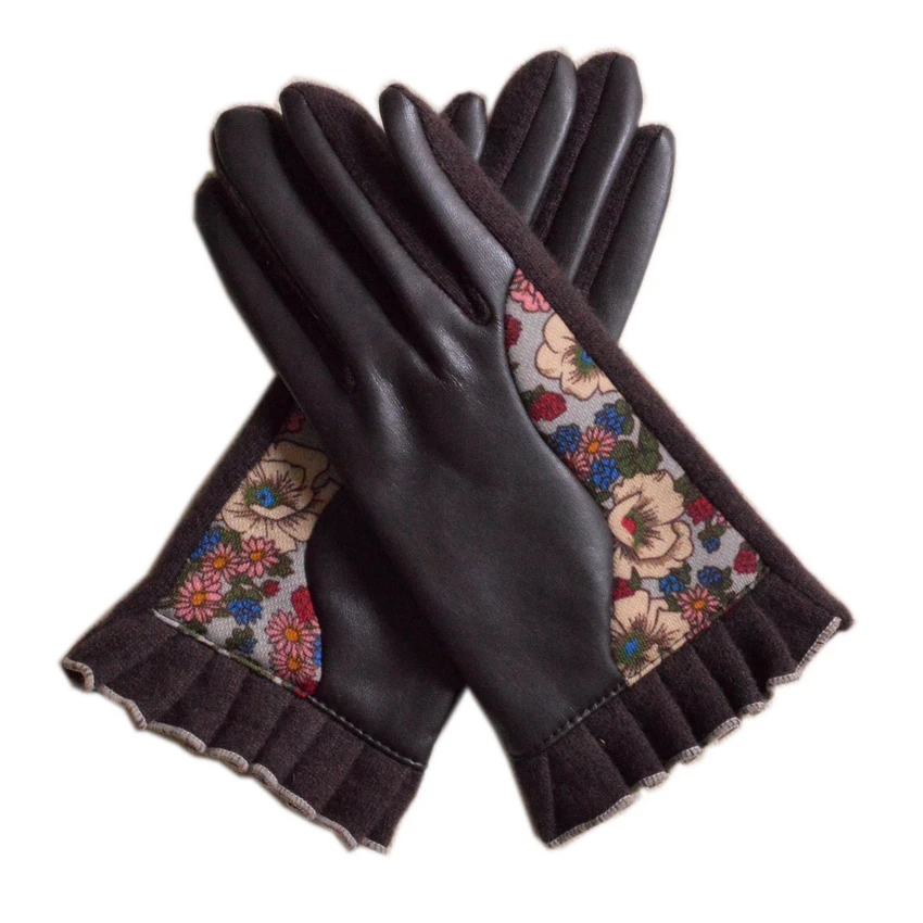 

Winter Thicken Wool Women Mittens Golves Printed Fashion Pu And Wool Full Finger Gloves Sexy Coffee Knitting Ladies Gloves