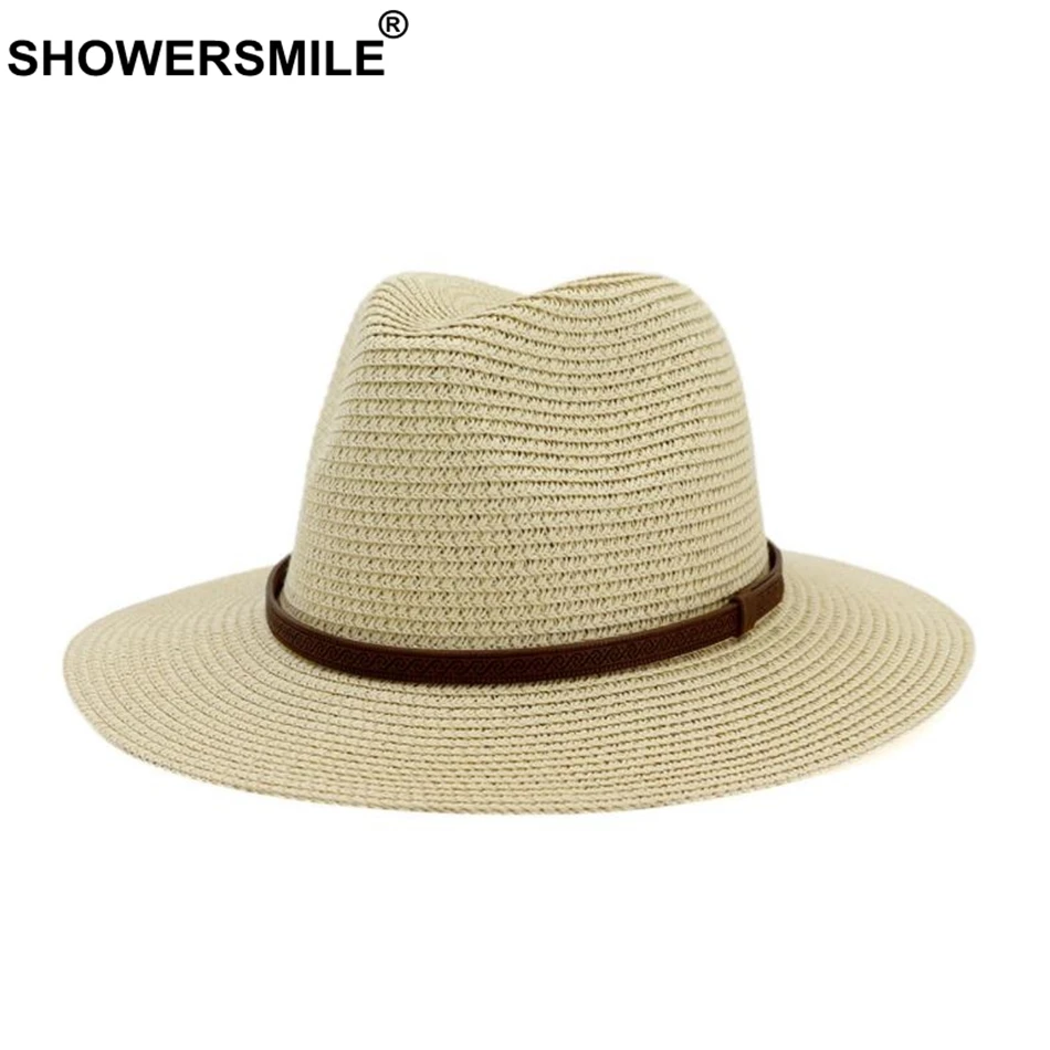 

SHOWERSMILE Women Men Panama Hats Male Female Summer Straw Sun Hat Beige Belt Decorate 2020 British Style Men's Jazz Hat