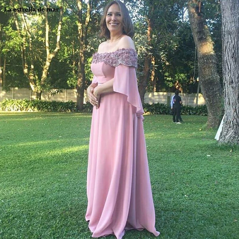 Suknie wieczorowe Nieuwe Off De Schouder Chiffon Applicaties Lace blush Roze Moeder Van De Bruid Jurken Lange Bruiloft Gast Jurken Suknie wieczorowe Nieuwe Off De Schouder Chiffon Applicaties Lace blush Roze Moeder Van De Bruid Jurken Lange Bruiloft Gast Jurken