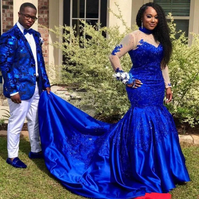 Plus Size Royal Blue Mermaid Prom Dresses 2019 High Neck Lace