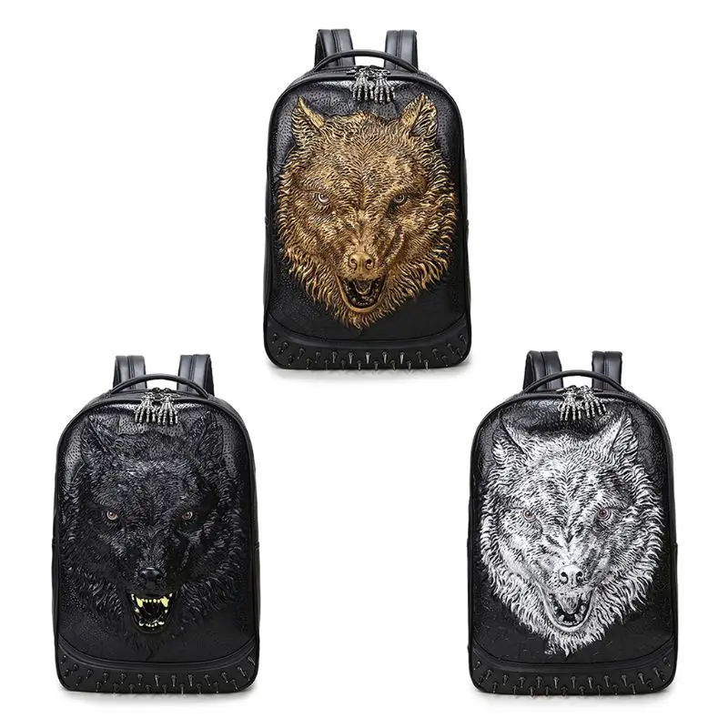 

3D Wolf Head Pattern Casual Daypacks Leather Backpack for Men School Hiking Outdoor Laptop Rucksack College Bag