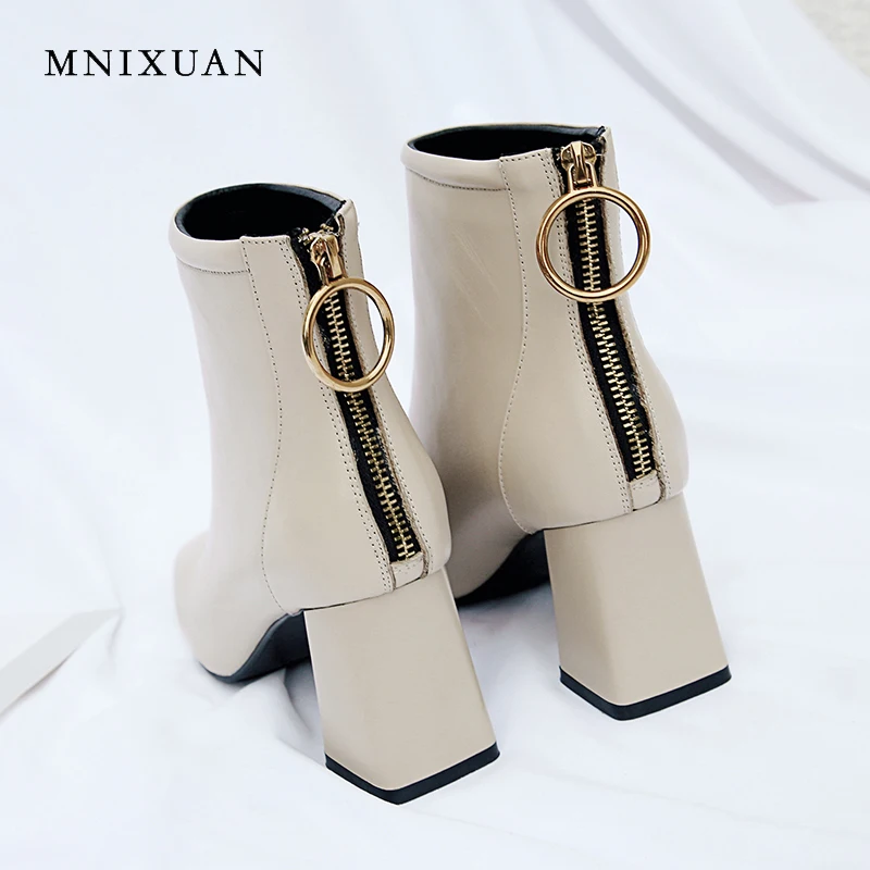 

MNIXUAN high heel ankle boot women 2018 winter square toe genuine leather solid zipper short martin boots big size 34-43 black