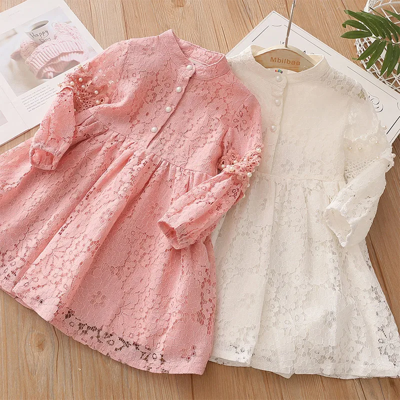 

2020 Spring Autumn 3 4 6 8 10 to 12 Years Child England Style Princess Pearl Lace Knee Length Kids Baby Girl Long Sleeve Dress