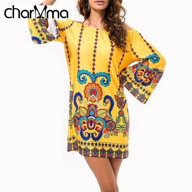 Buy Cheap charMma 2017 Spring New Bohemian Sheath Bodycon Dress Ethnic Off The Shoulder Tropical Printed Beach Vestido Femme Mini Robe 3XL