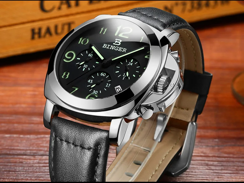 New BINGER Luxury Brand Quartz Watches Men analog chronograph Clock Men Sports Military Leather Strap Fashion Wrist Watch