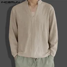 INCERUN Для мужчин рубашки с длинным рукавом с v-образным вырезом китайские стильные шаровары блузка Мужской мягкий Повседневное ретро-топы Camisa Masculina S-3XL