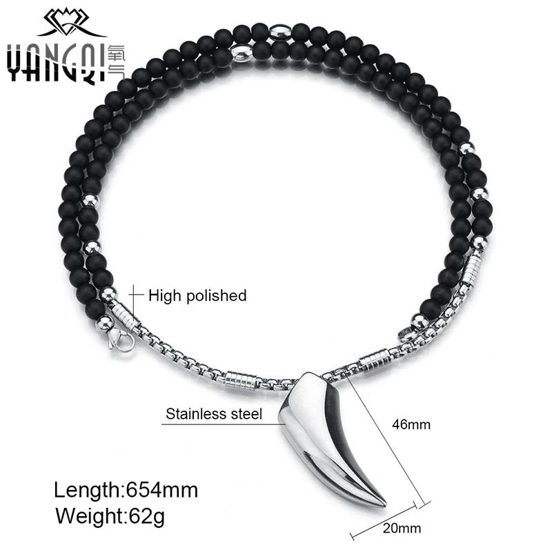 Norse Vikings Wolf Teeth Pendant Necklaces Silver Stainless Steel Chain Black Stone Strand Beads Necklaces Ethnic Jewelry Men Norse Vikings Wolf Teeth Pendant Necklaces Silver Stainless Steel Chain Black Stone Strand Beads Necklaces Ethnic Jewelry Men