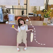 Корейский стиль, летние хлопковые однотонные свободные комбинезоны для мальчиков и девочек Детские универсальные повседневные брюки на подтяжках 2-7Y