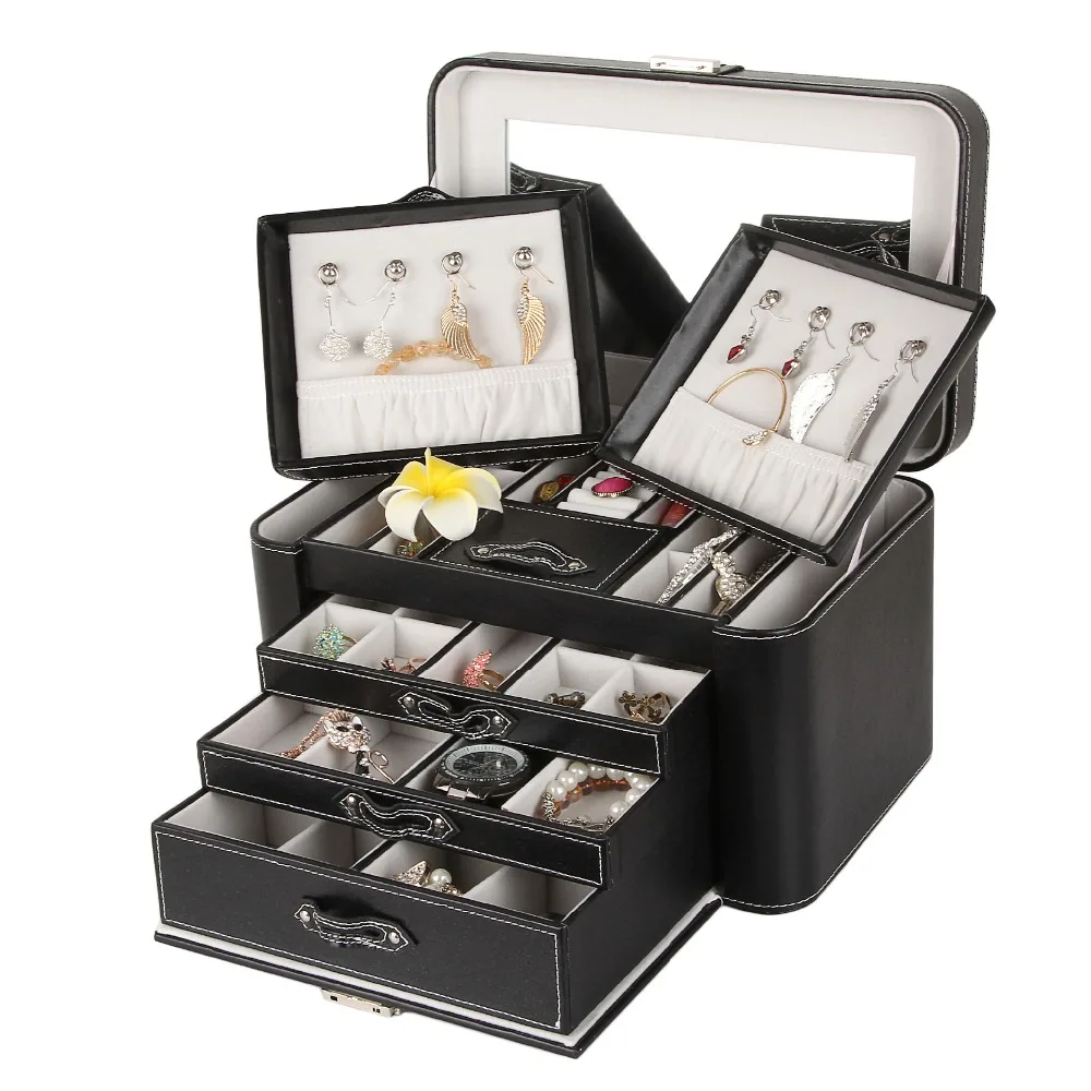 Extra Large Jewelry Box PU White Storage Casket Leather Luxury Mirror