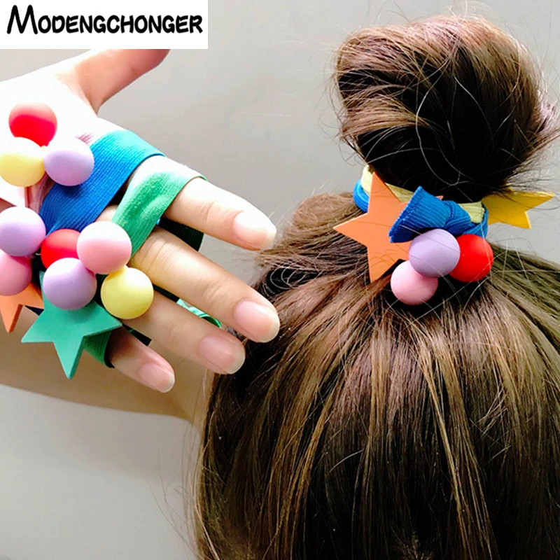 Brown Shades Braid Girl Kids Scrunchie Beads Hair Tie Ball Ponytail Holder Band