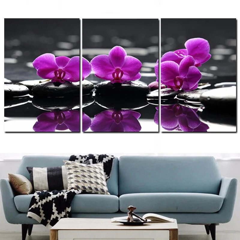 3 Панели HD Печать дзен камни фиолетовая бабочка Орхидея Картина на