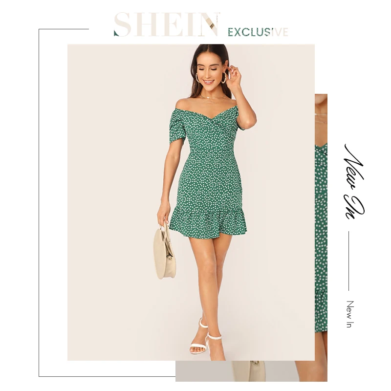 SHEIN Green Off фиксатор для плеча спереди гофрированный подол Ditsy цветочный мини-платье женские летние пышные рукава с высокой талией в стиле бохо тонкие платья