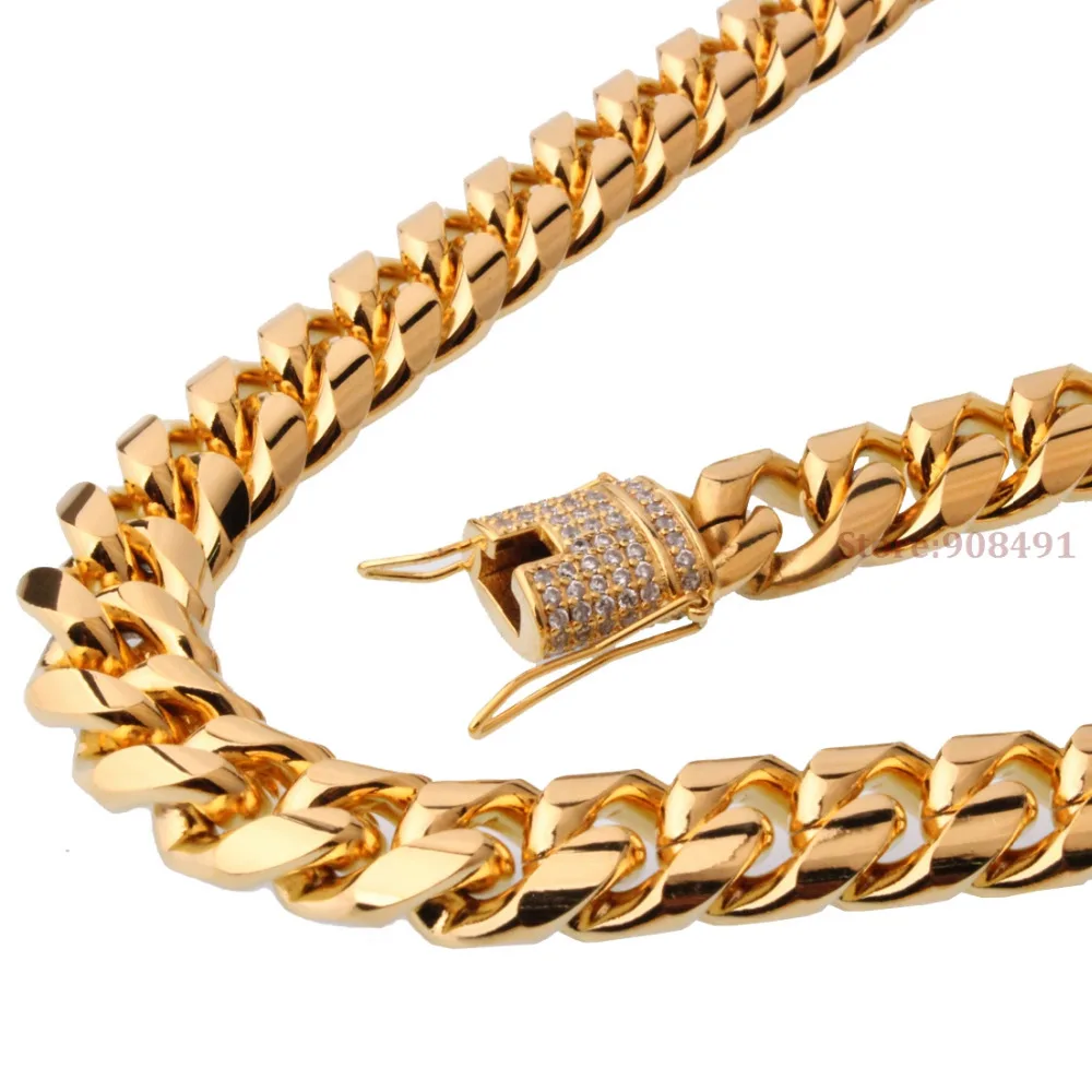 14 мм ширина для мужчин мальчик подростков золото из нержавеющей стали хип хоп Снаряженная кубинская цепь ожерелье или браслет горный хрусталь застежка