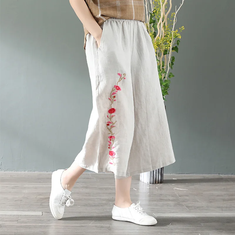 

Johnature 2019 New Style Casual Art Embroidery Cotton Linen Women Pants Summer Loose Thin Linen Wide Leg Women Pants