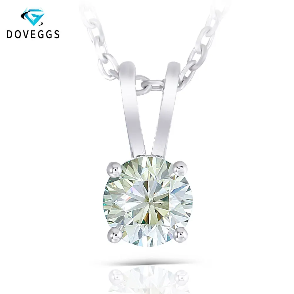 

DovEggs Platinum Plated Silver Fashion 1Carat 6.5mm Slight Blue Color Heart Arrows Cut Round Moissanite Necklace for Women