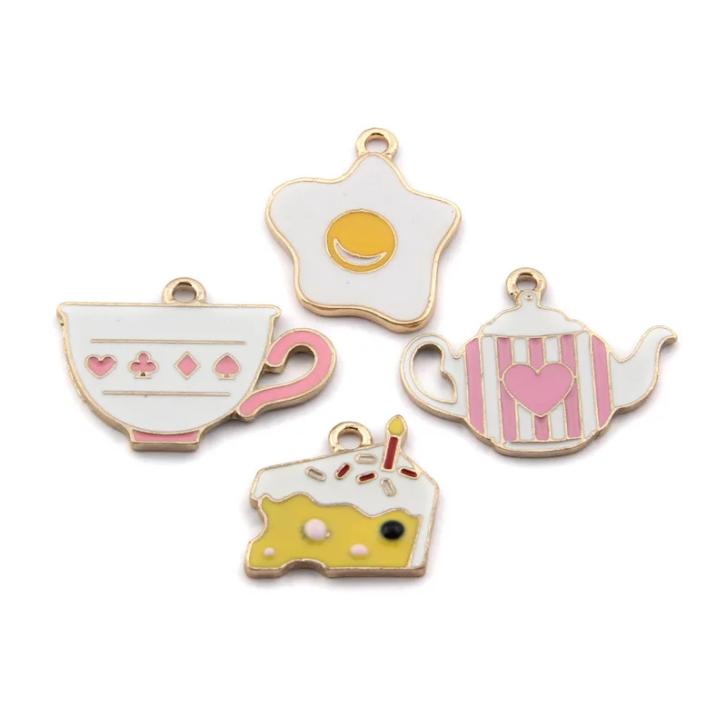 

10pcs Gold metal diy enamel birthday cake teapot egg charms for bracelet/earring/necklace jewelry making pendants ornament