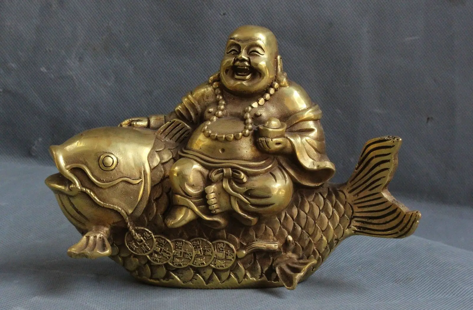 

China Bronze Brass Yuan bao wealth Happy Laugh Maitreya Buddha Ride Fish Statue