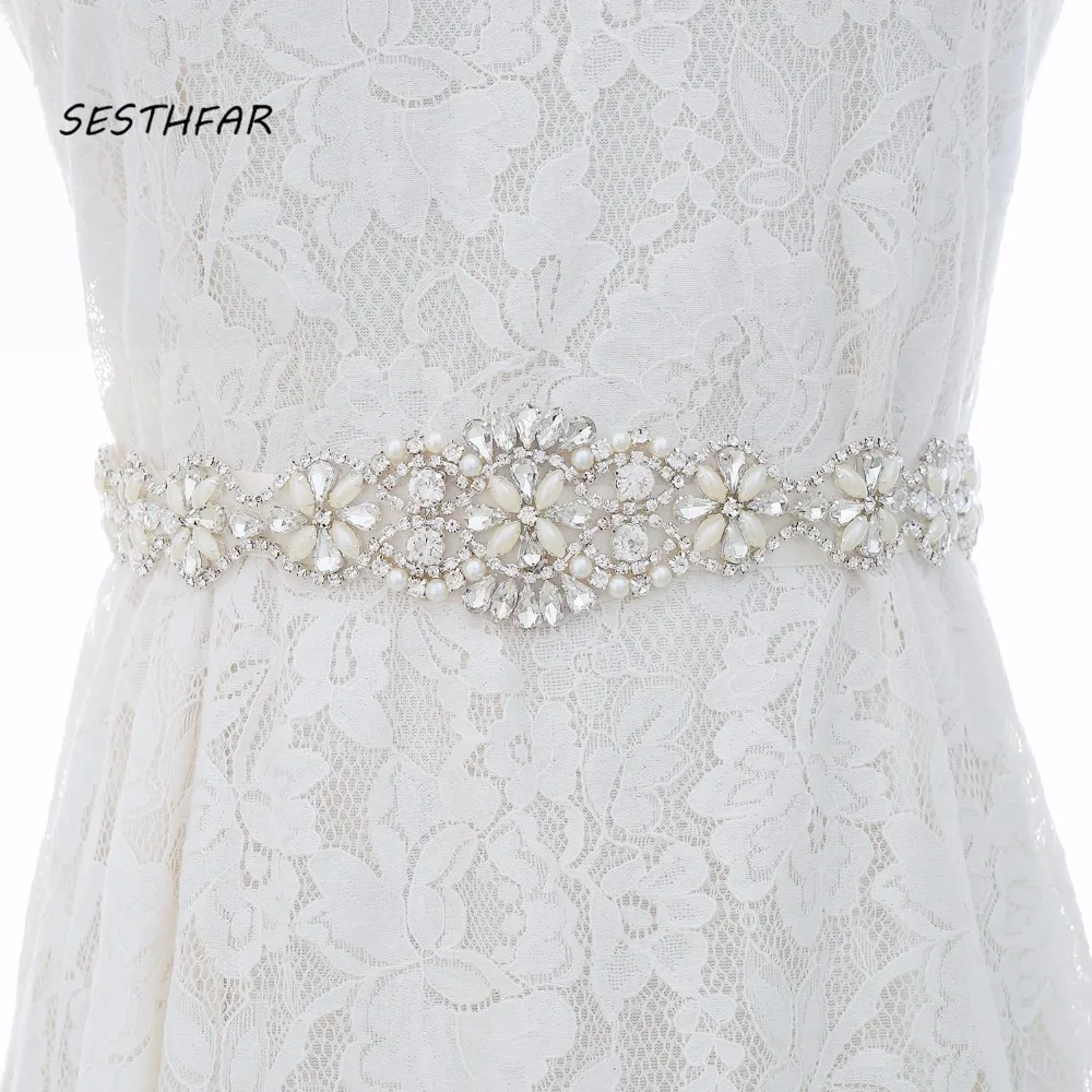 SESTHFAR Rhinestones Wedding Belt Pearls Flower Bridal Belt Silver Crystal Bridal Sash For Wedding Prom Gown