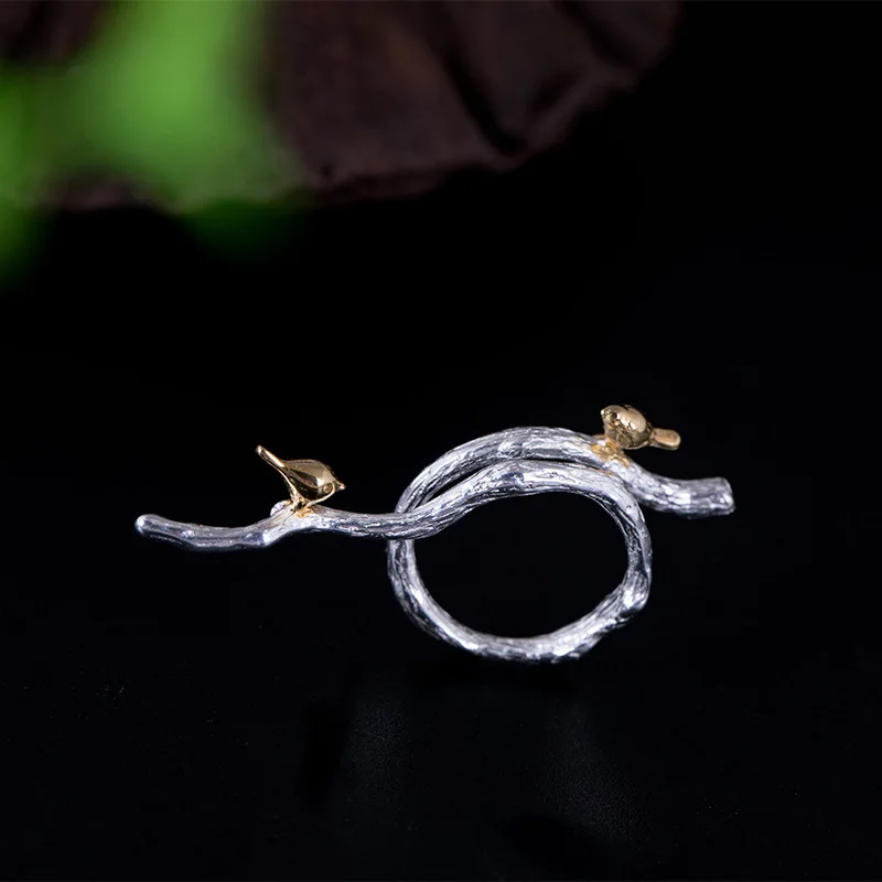 

925 sterling silver tree branch double birds rings gold handmade creativity open adjustable rings for women original jewelry