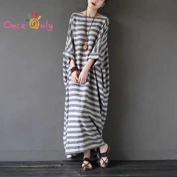 

2019 New Autumn Summer Dress Retro Vintage Striped Batwing Sleeve Robe Maxi Long Loose Women Brand Dress Casual Linen Dress