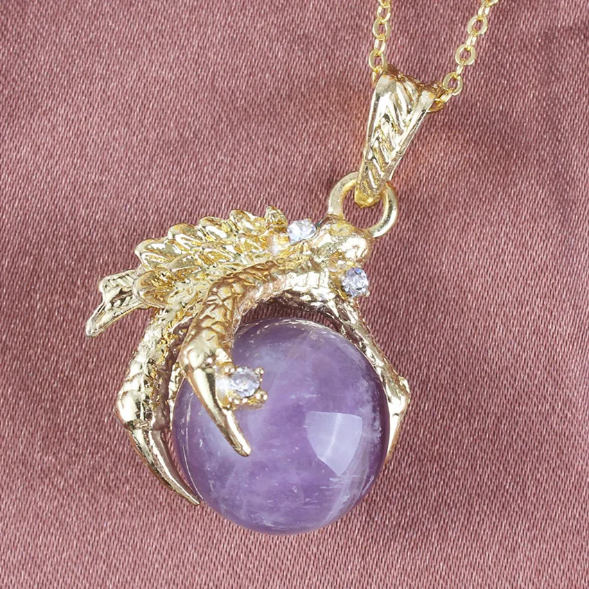 

Trendy-beads Light Yellow Gold Color Dragon Claw Natural Amethysts Stone Pendant Necklace Link Chain Jewelry