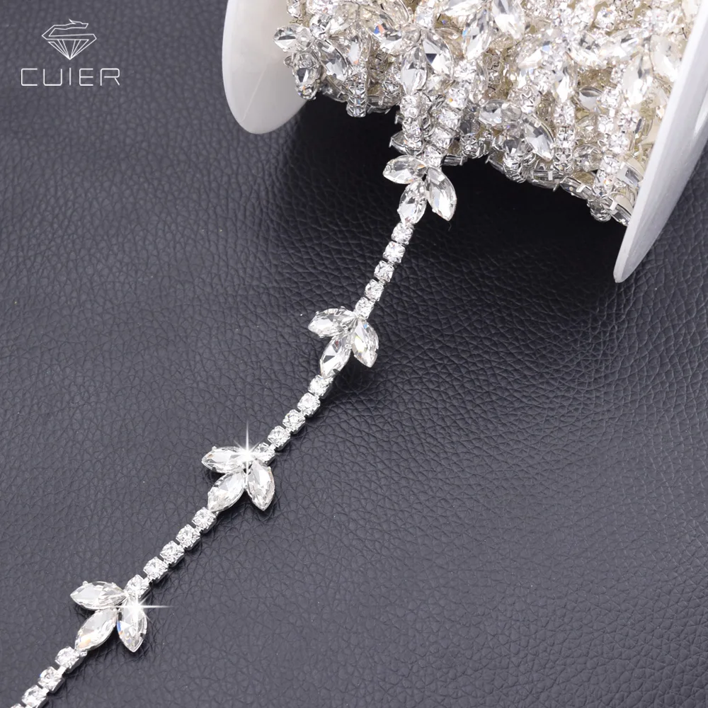 

10yards SS16 rhinestone chain sew on belt patches for garment glass leaf trims for women dress belt silver appliques HF-3225