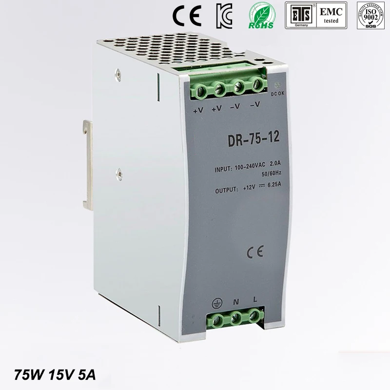 

75w 15v 5a din rail model ce approved 75w DR-75-15 power supply rail din 15v with wide range input high quality